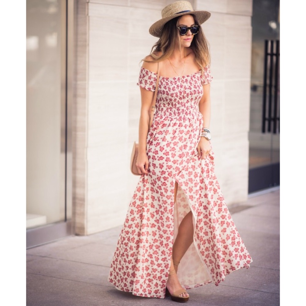 tularosa red off the shoulder slit maxi